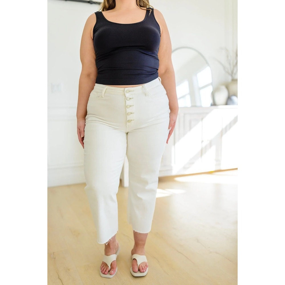Judy Blue Wide Leg Crop Jeans Off White Button Fly Raw Hem Size 16W Basic Staple